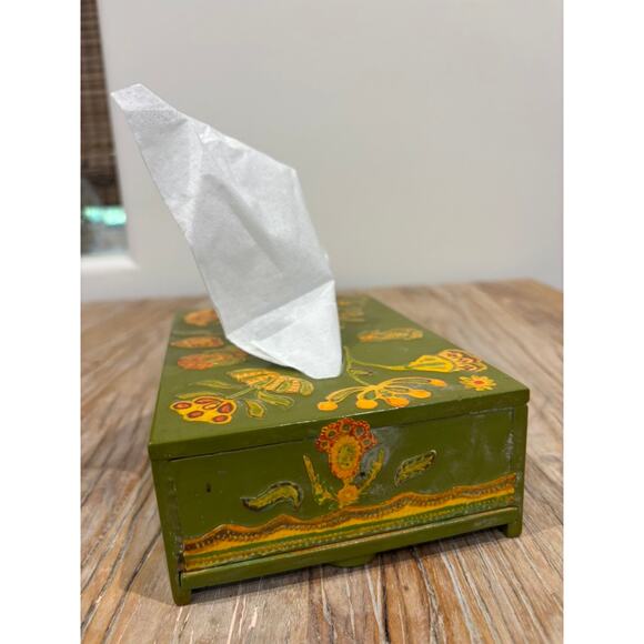 Vintage Boho Floral Tissue Box Cover Hand Painted Green Folk Art 1970s Decoupage - Picture 3 of 7